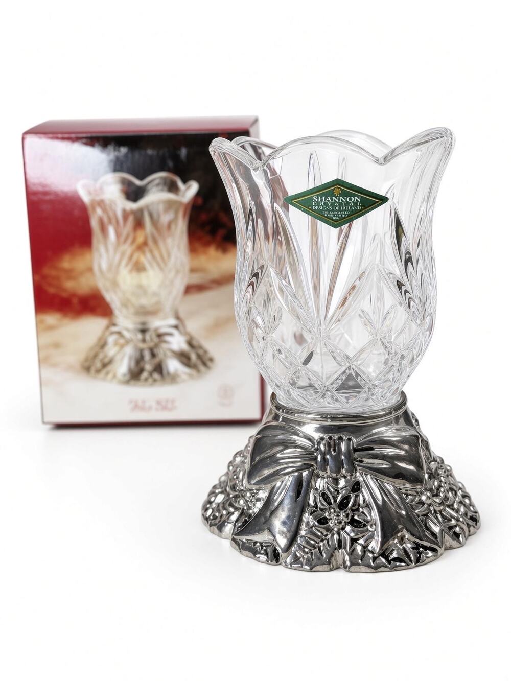 Shannon Crystal Godinger Footed Votive Vase Silver Plated Base Boxed